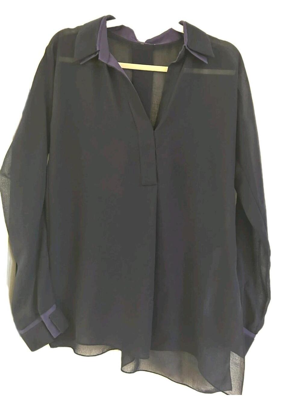 Elie Tahari Sheer 100% Silk Blouse Cut Out Sleeves Purple Cuff Trim Women Size M
